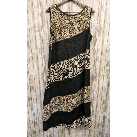 Vintage Earth Song Linen Patch Jumper Maxi Tank Dress Animal Print Size 14 - Picture 6 of 9